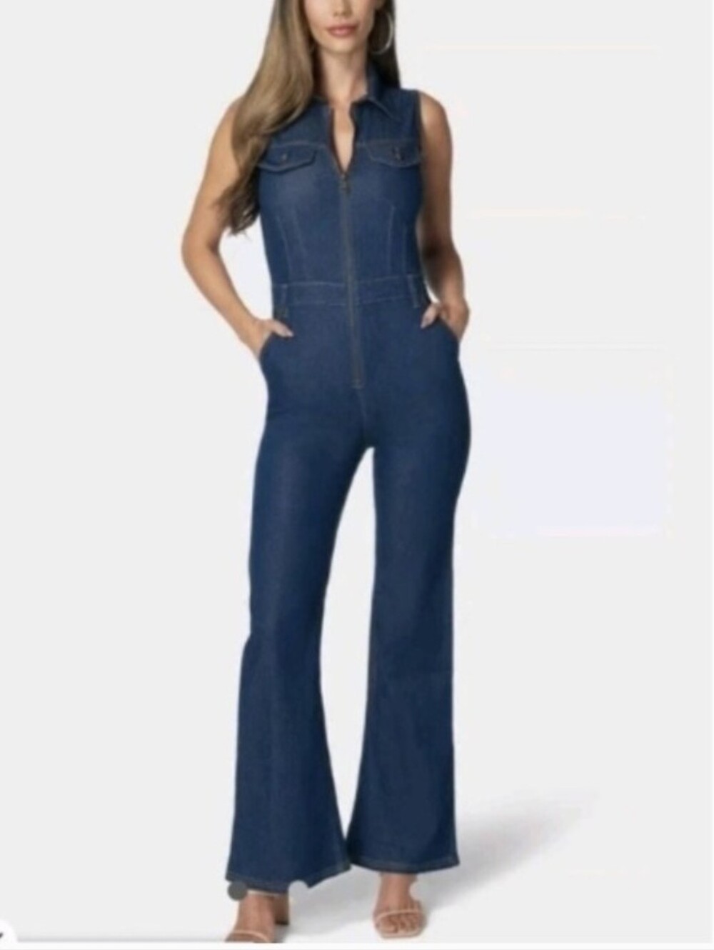 Bebe Light Blue Sleeveless Denim Jumpsuit with Front Zip, size XL